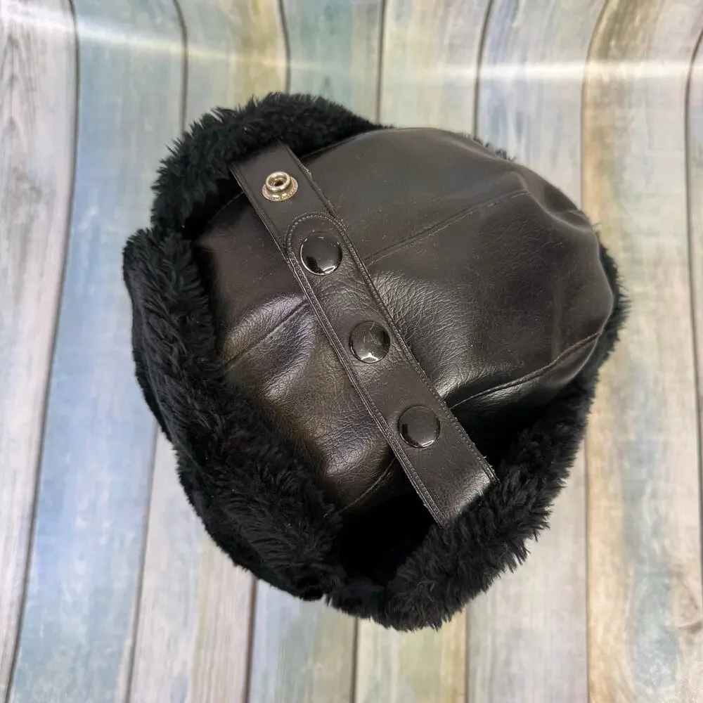Black Leather Vintage Trooper Hat Made in Korea Cousin Eddie Ear Flap Aviator